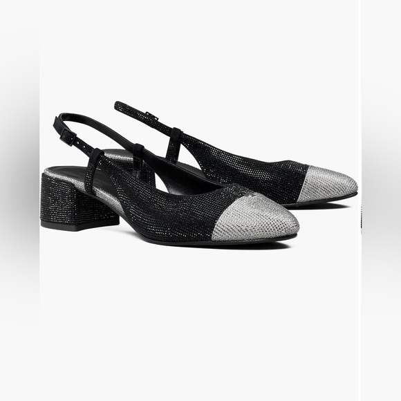 Tory Burch Black and Silver Block Heel Slingbacks - Picture 1 of 8